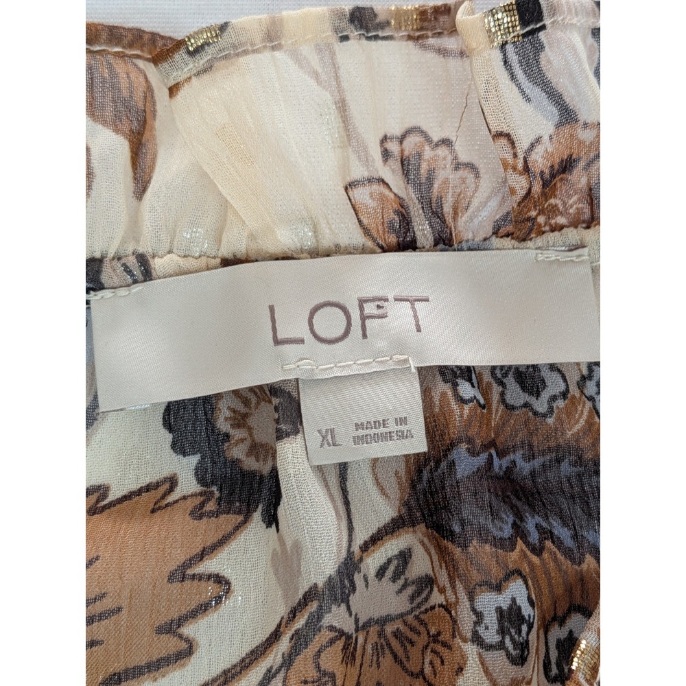 Loft XL Floral Metallic Ruffle Neck Blouse Blue Tan Gold Smocked Cuff Romantic - Picture 5 of 7